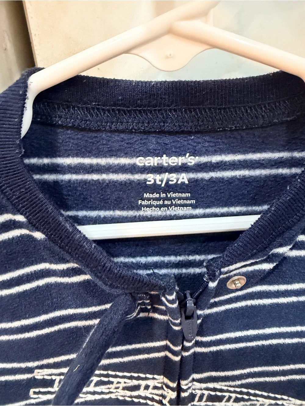 Carter's Navy and White Striped Footed One-Piece with Red Fire Truck